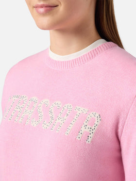 Neuer Queen-Pullover aus Kaschmirmischung in Rosa mit Strassata-Strassapplikation