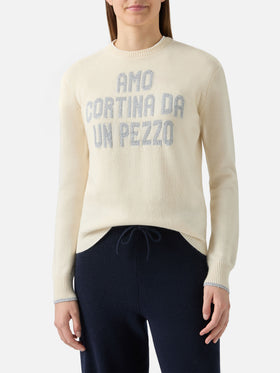 Sudadera New Queen de cuello redondo en blanco con jacquard de lurex Amo Cortina da un pezzo 