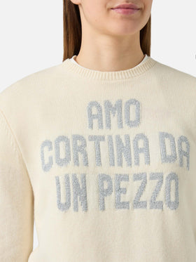 Sudadera New Queen de cuello redondo en blanco con jacquard de lurex Amo Cortina da un pezzo 