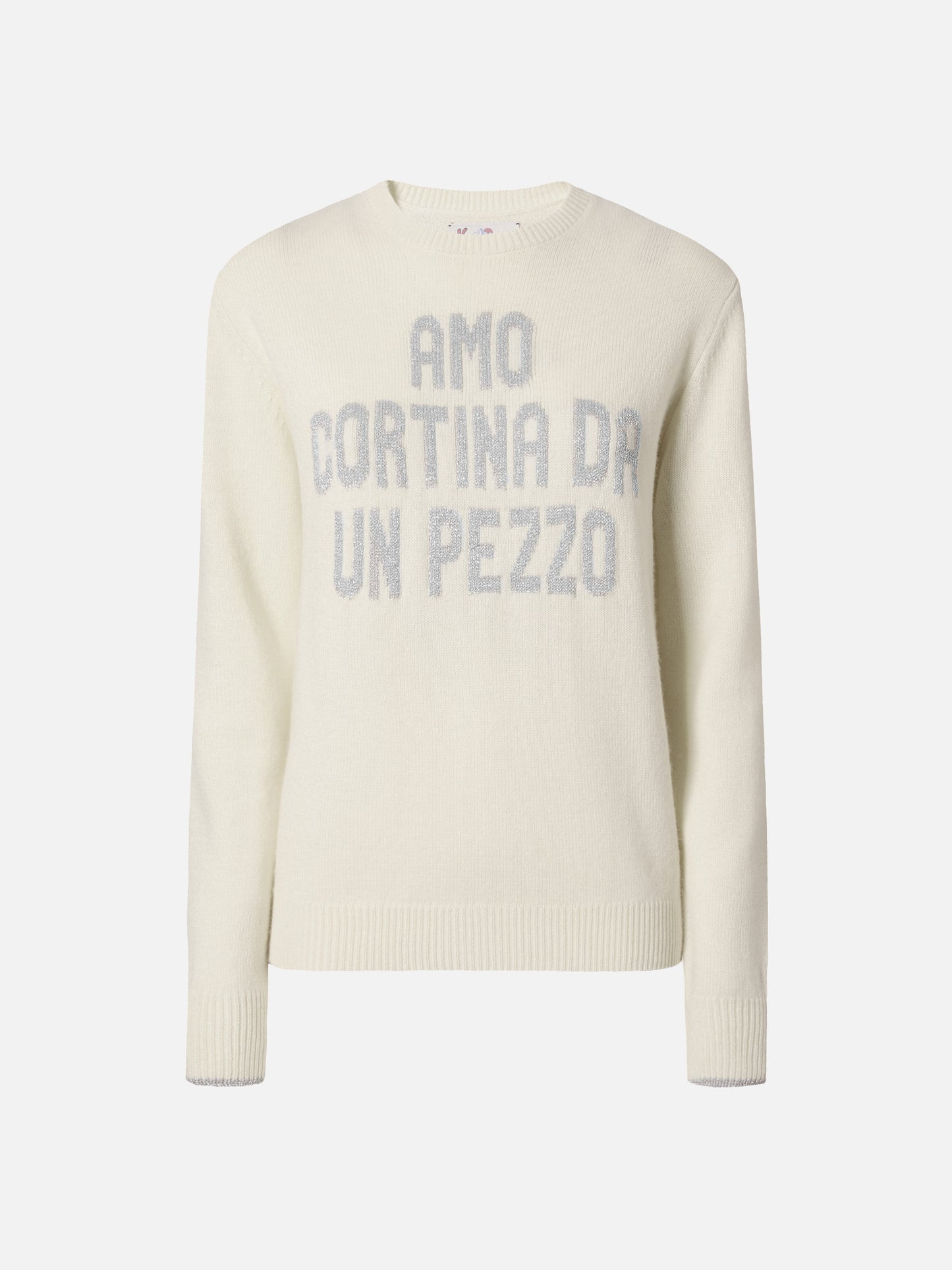 Sudadera New Queen de cuello redondo en blanco con jacquard de lurex Amo Cortina da un pezzo 