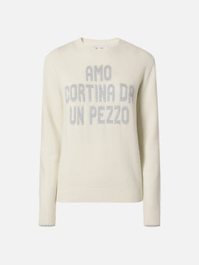 Sudadera New Queen de cuello redondo en blanco con jacquard de lurex Amo Cortina da un pezzo 