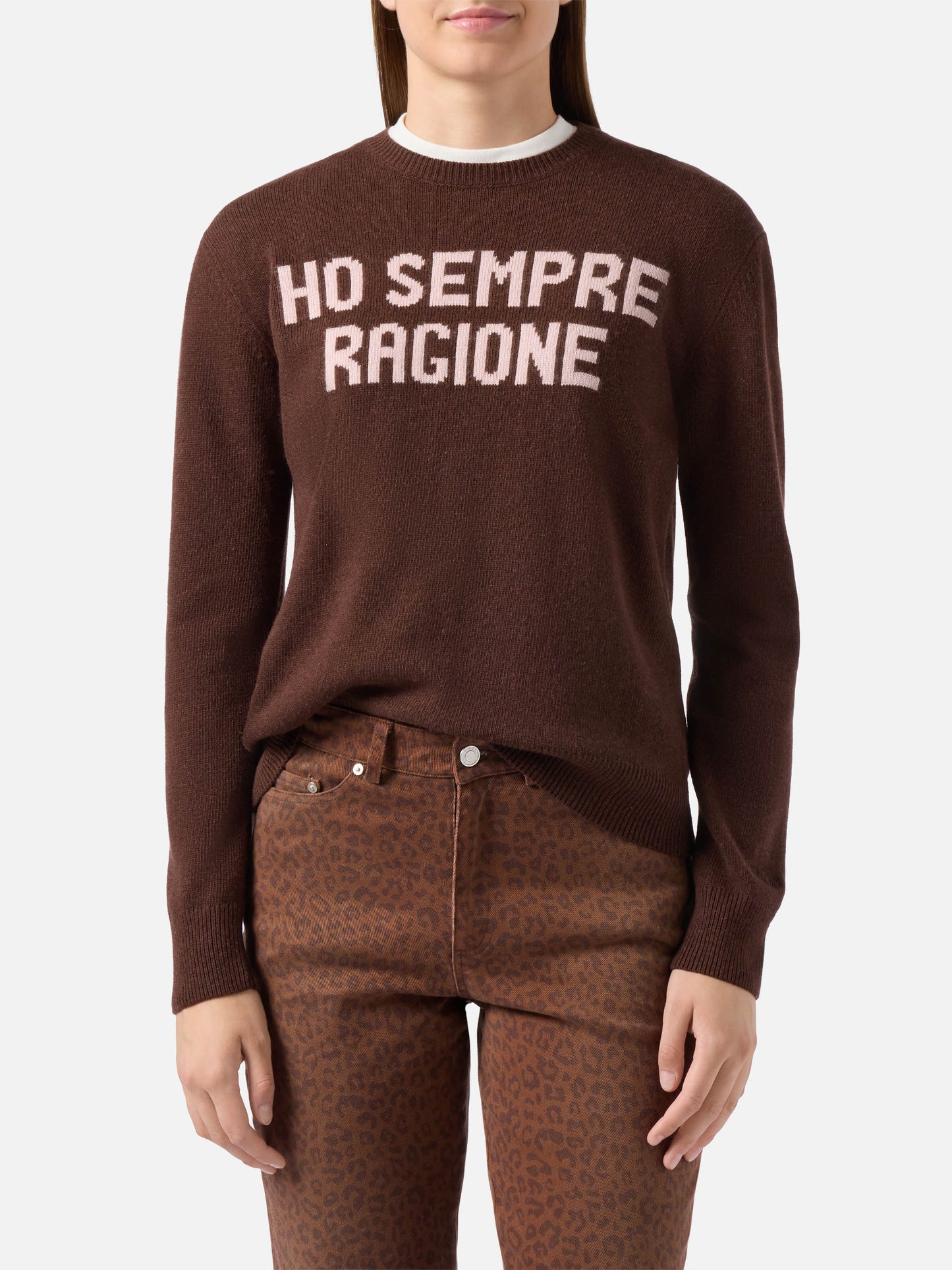 Neuer Queen-Pullover aus Kaschmirmischung in Braun mit Ho sempre ragione Jacquard