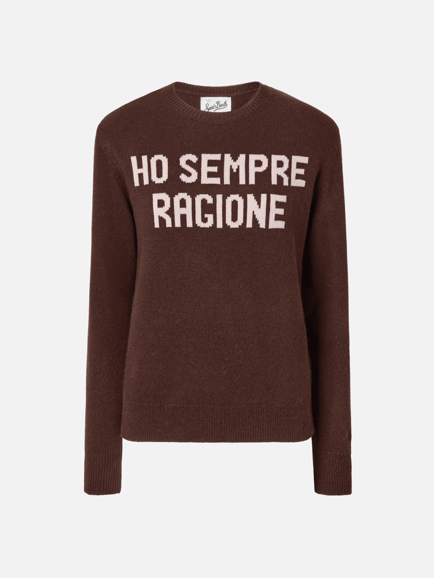 Neuer Queen-Pullover aus Kaschmirmischung in Braun mit Ho sempre ragione Jacquard