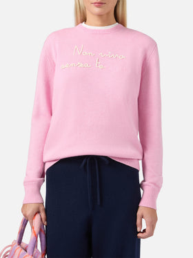 New Queen-Pullover aus Kaschmirmischung in Rosa mit „Non vivo senza te(lefono)“-Stickerei