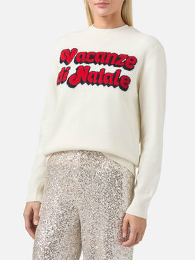 New Queen cashmere-blend crewneck in white with Vacanze di Natale jacquard | VACANZE DI NATALE SPECIAL EDITION