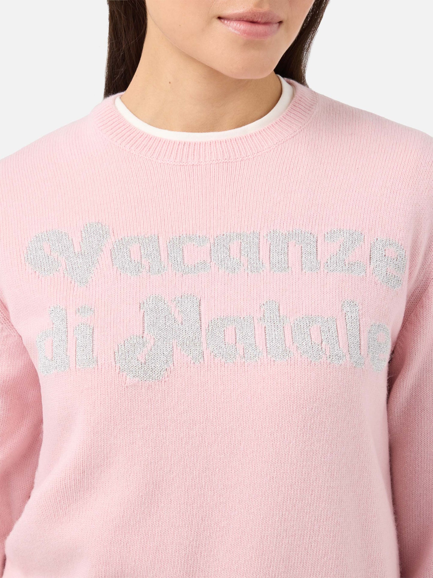 New Queen cashmere-blend crewneck in pink with Vacanze di Natale lurex jacquard | VACANZE DI NATALE SPECIAL EDITION
