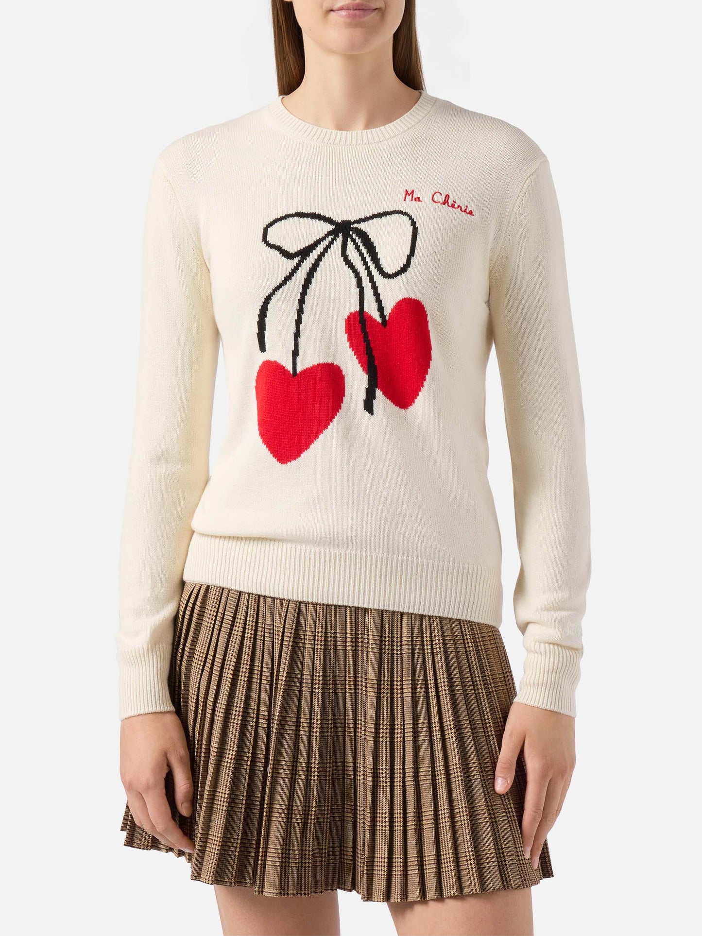 Neuer weißer Queen-Pullover aus Kaschmirmischung mit Ma-cherie-Stickerei