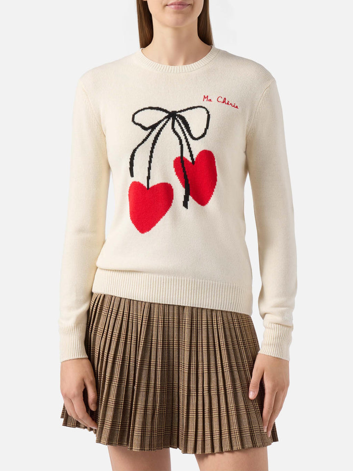 Neuer weißer Queen-Pullover aus Kaschmirmischung mit Ma-cherie-Stickerei