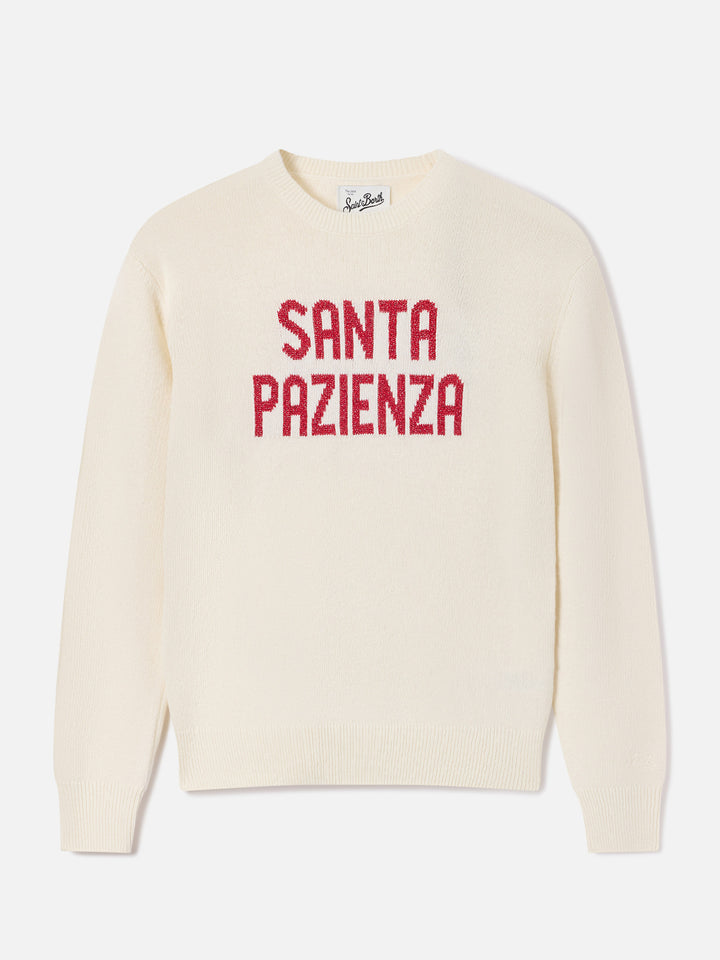 Jersey de punto con cuello redondo New Queen en blanco roto con bordado Santa Pazienza en lurex 