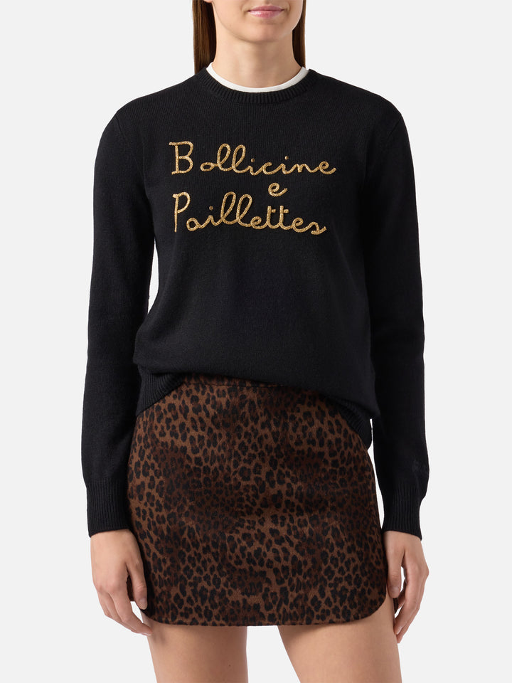 Neuer schwarzer Queen-Pullover aus Kaschmirmischung mit Bollicine e Pailettes-Stickerei