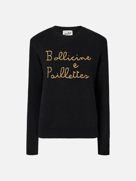 Neuer schwarzer Queen-Pullover aus Kaschmirmischung mit Bollicine e Pailettes-Stickerei