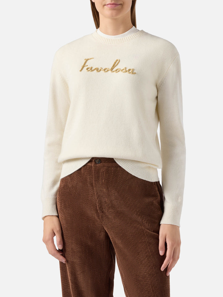 Neuer weißer Queen-Pullover aus Kaschmirmischung mit Favolosa-Lurex-Stickerei