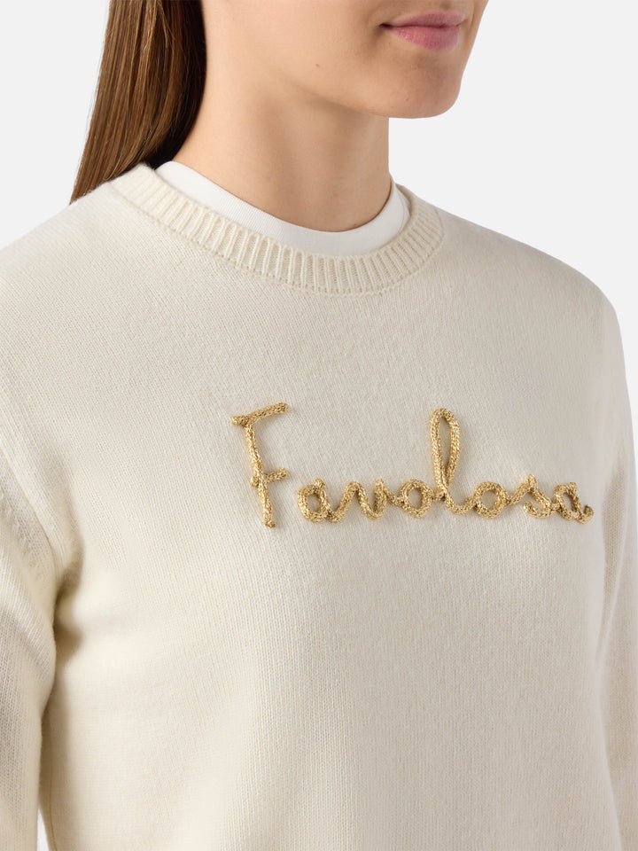 Neuer weißer Queen-Pullover aus Kaschmirmischung mit Favolosa-Lurex-Stickerei