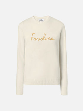 Neuer weißer Queen-Pullover aus Kaschmirmischung mit Favolosa-Lurex-Stickerei