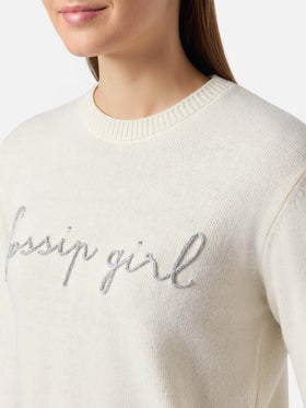 Neuer weißer Queen-Pullover aus Kaschmirmischung mit Gossip Girl-Lurexstickerei