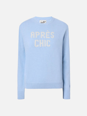 Maglione New Queen in misto cashmere azzurro con jacquard Après Chic