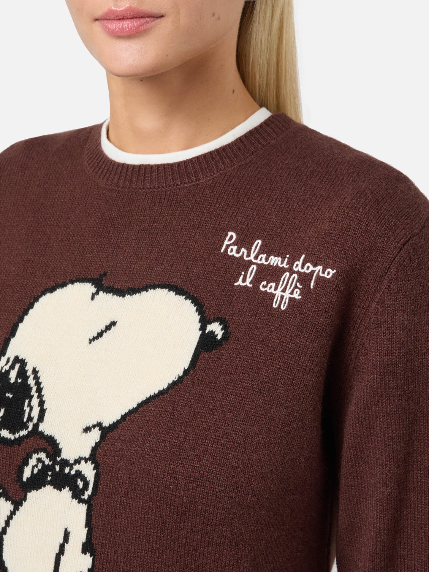 Neuer Queen-Pullover aus Kaschmirmischung in Braun mit Snoopy-Jacquardmuster und Stickerei | PEANUTS-SONDEREDITION