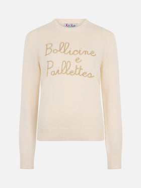 Woman beige sweater New Queen with Bollicine sequins embroidery