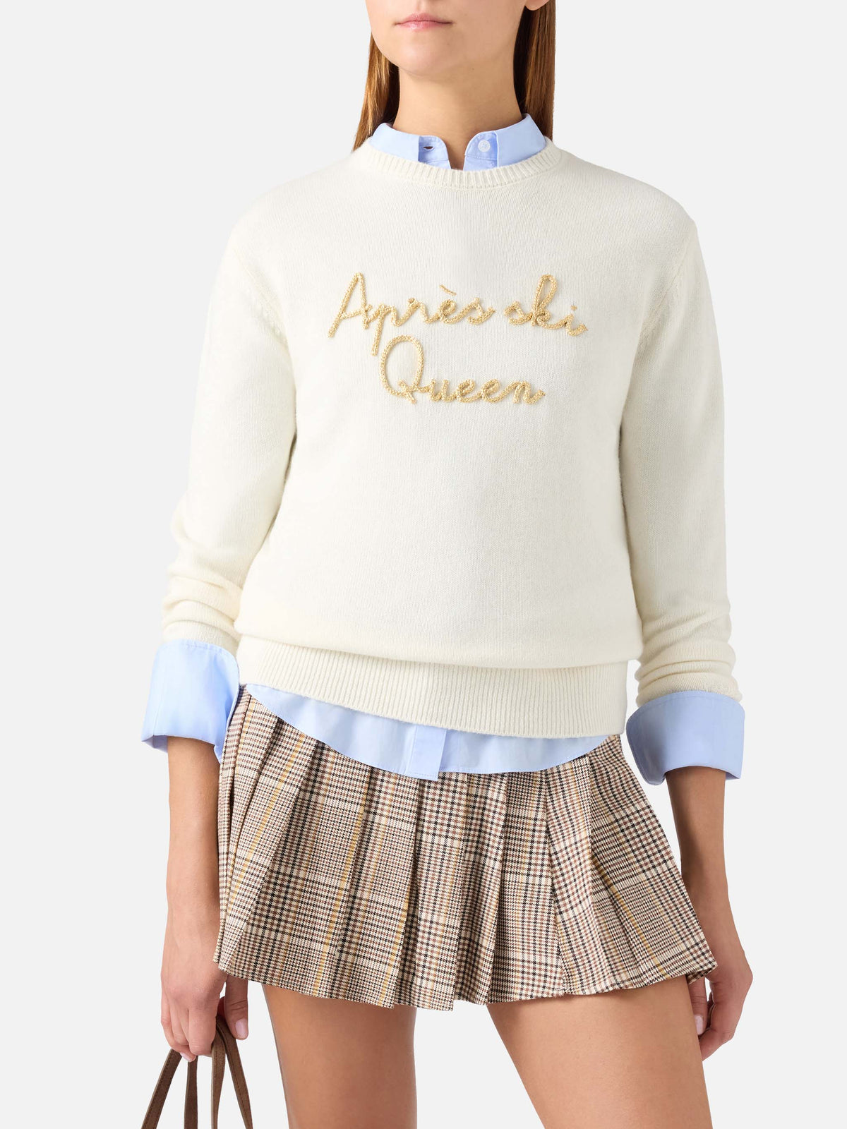Maglia girocollo New Queen off white con ricamo Après Ski Queen
