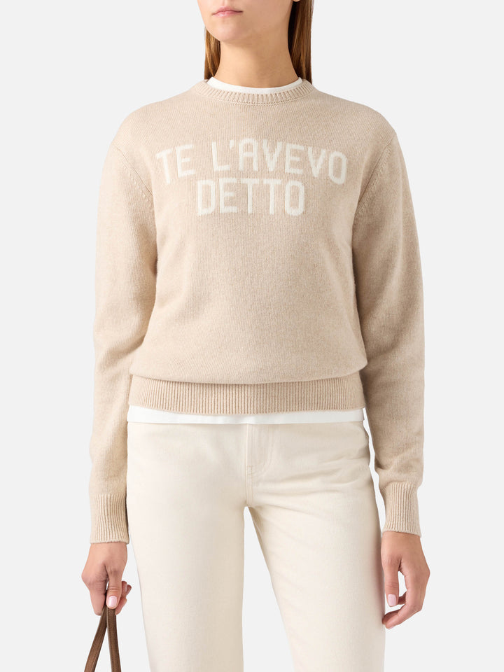 Beige New Queen crewneck knit with Te L'Avevo Detto embroidery