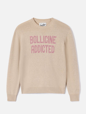 Beiger New Queen Rundhals-Strickpullover mit Bollicine Addicted Lurex-Stickerei 