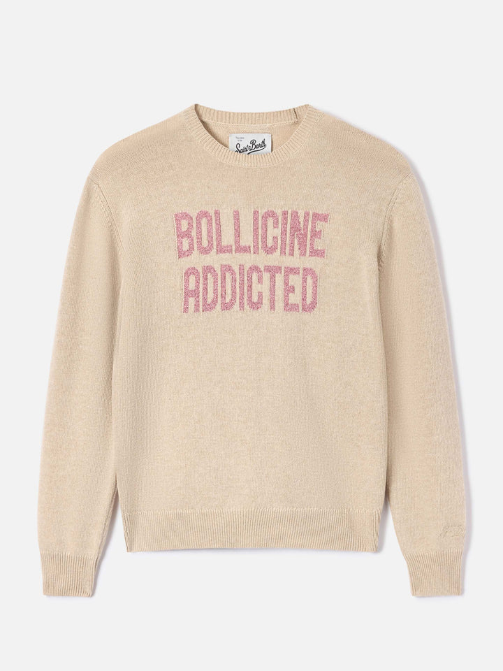 Maglia girocollo New Queen beige con ricamo Bollicine Addicted in lurex