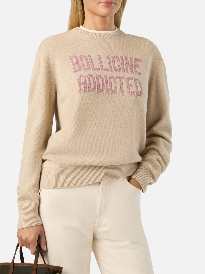 Maglia girocollo New Queen beige con ricamo Bollicine Addicted in lurex
