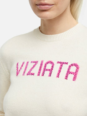 Woman white sweater New Queen with Viziata jacquard with rhinestones - MC2 Saint Barth