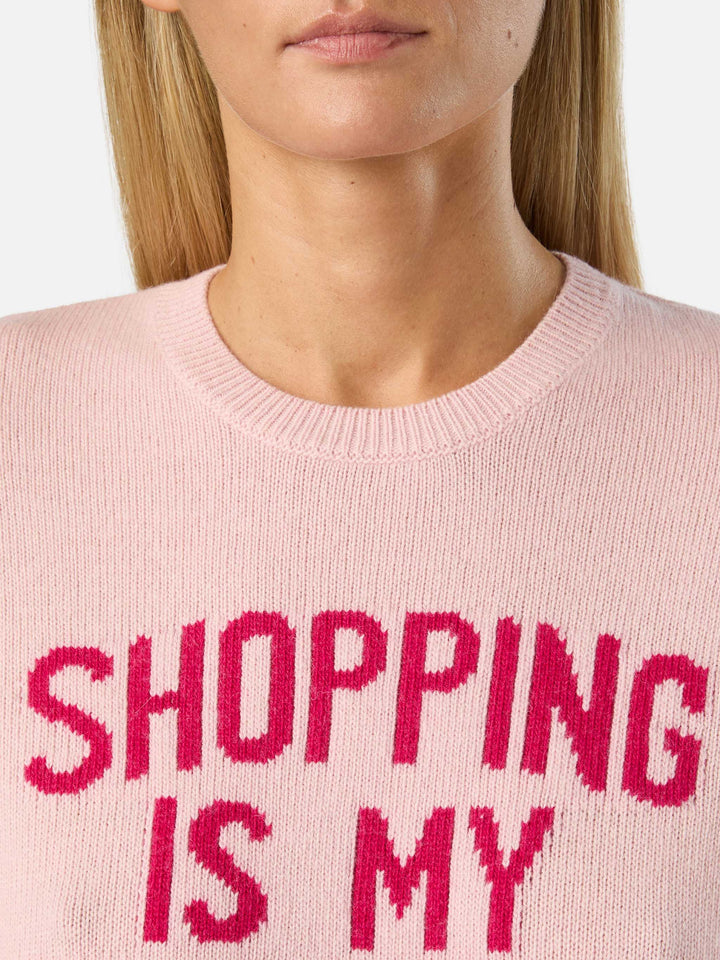 Maglia girocollo New Queen rosa con ricamo Shopping Is My Fav Sport
