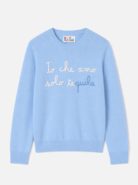 Girocollo azzurro New Queen con ricamo Amo solo Tequila