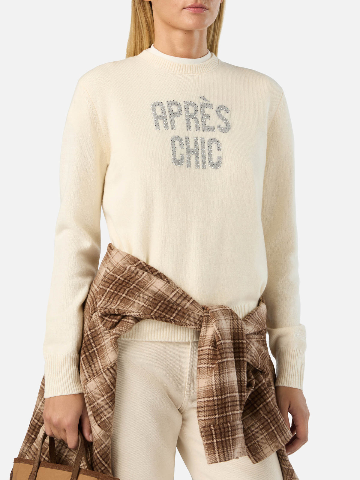 Maglia girocollo New Queen off white con ricamo Après Chic in strass