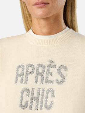 Maglia girocollo New Queen off white con ricamo Après Chic in strass