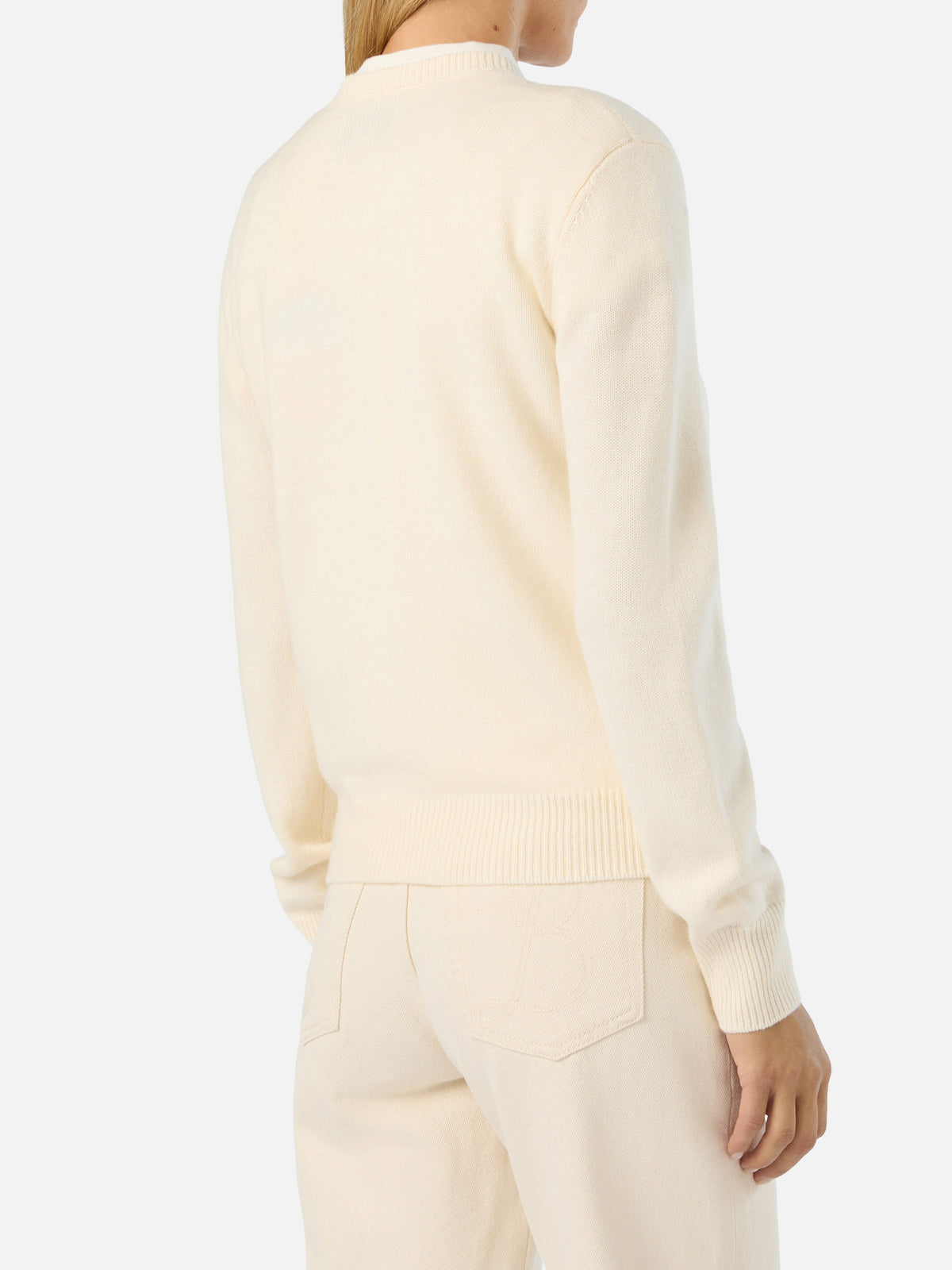 Maglia girocollo New Queen off white con ricamo Après Chic in strass