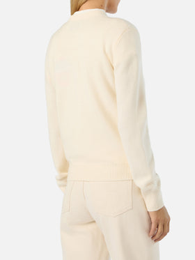 Maglia girocollo New Queen off white con ricamo Après Chic in strass
