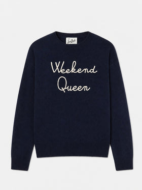 New Queen Pullover aus Kaschmirmischung in Blau mit Weekend Queen-Stickerei 