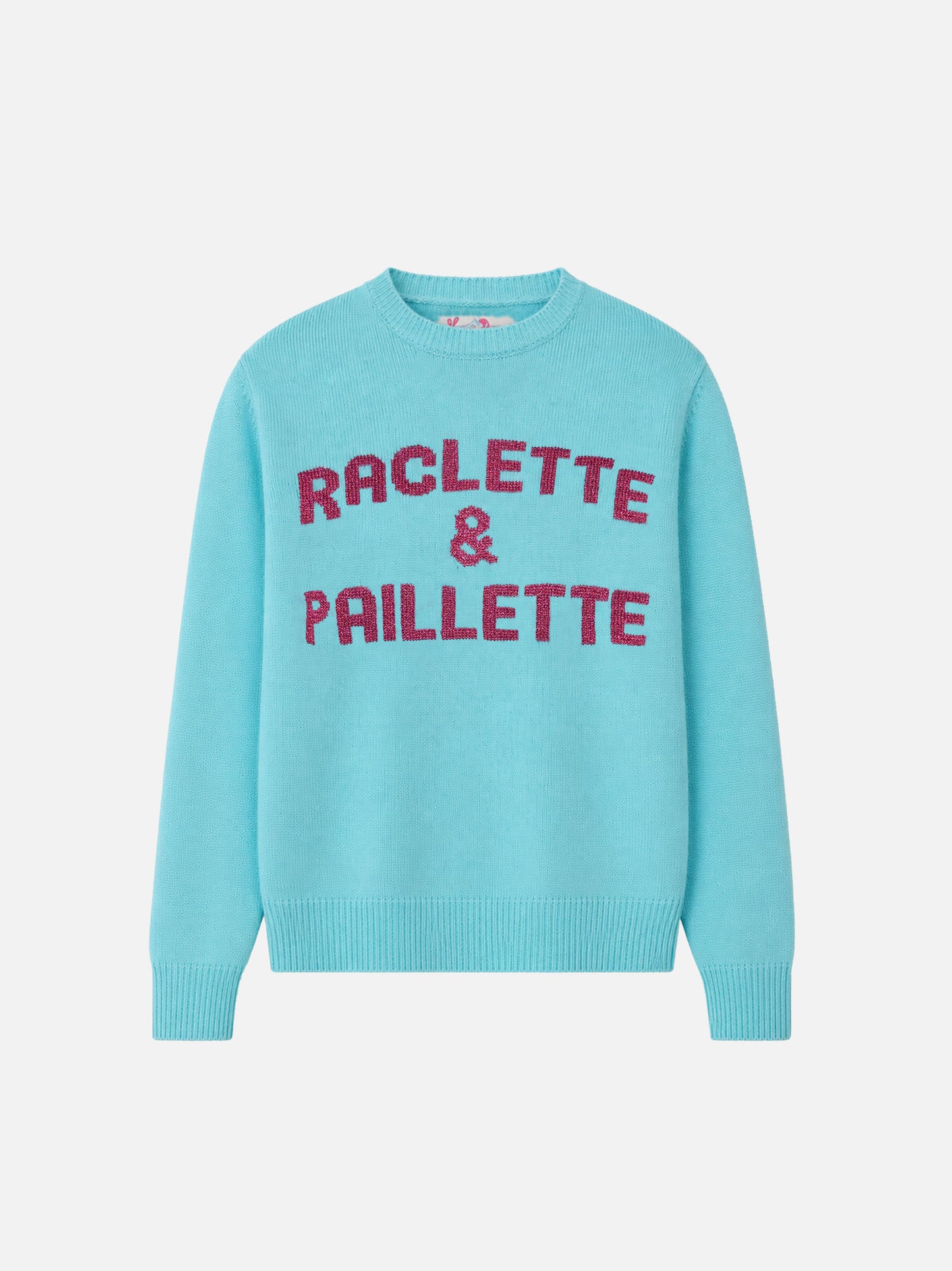Pull vert d’eau New Queen avec lettrage Raclette & Paillettes en sequins 