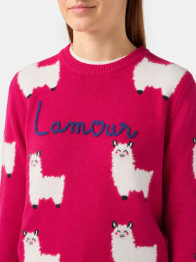 New Queen Pullover aus Alpaka-Mix in Fuchsia mit L Amour-Stickerei 