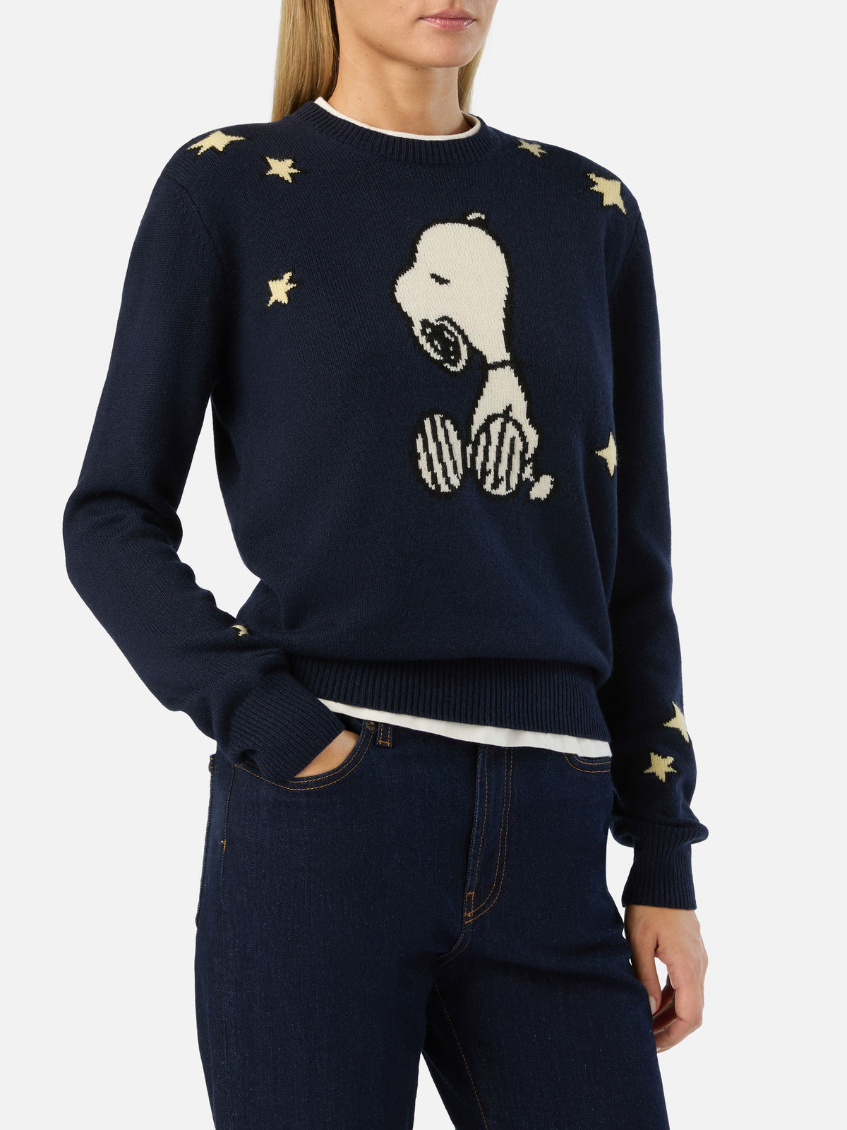 Pull en maille à col rond Queen New blue avec intarsia Snoopy | Special edition 