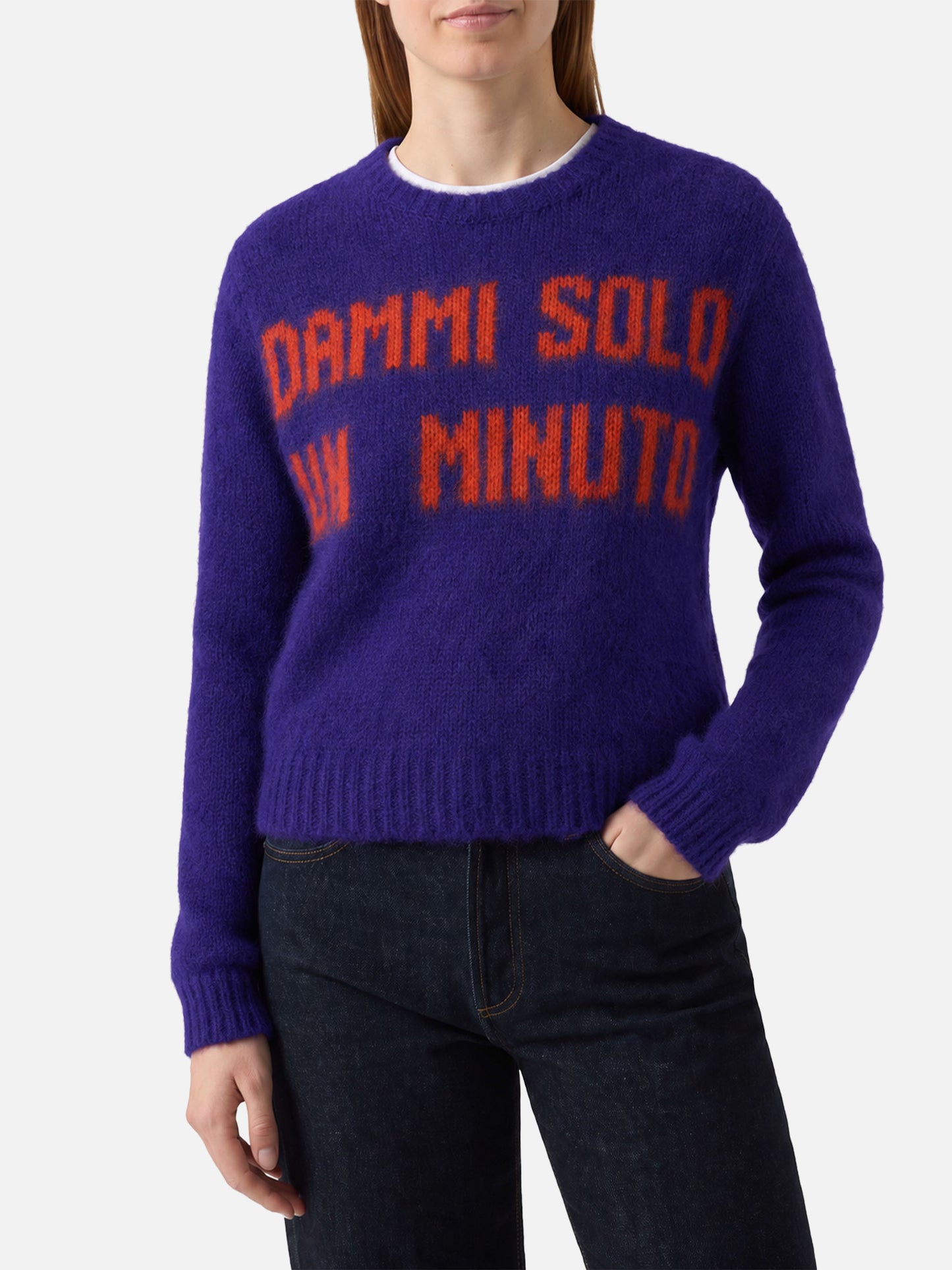 New Queen purple crop crewneck sweater with Dammi solo un minuto embroidery