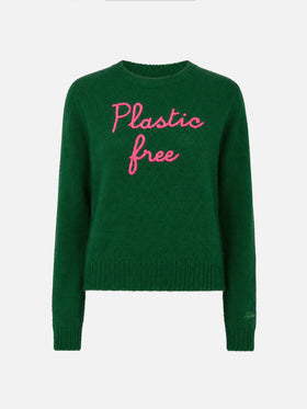 Green New Queen cropped sweater with Plastic Free embroidery