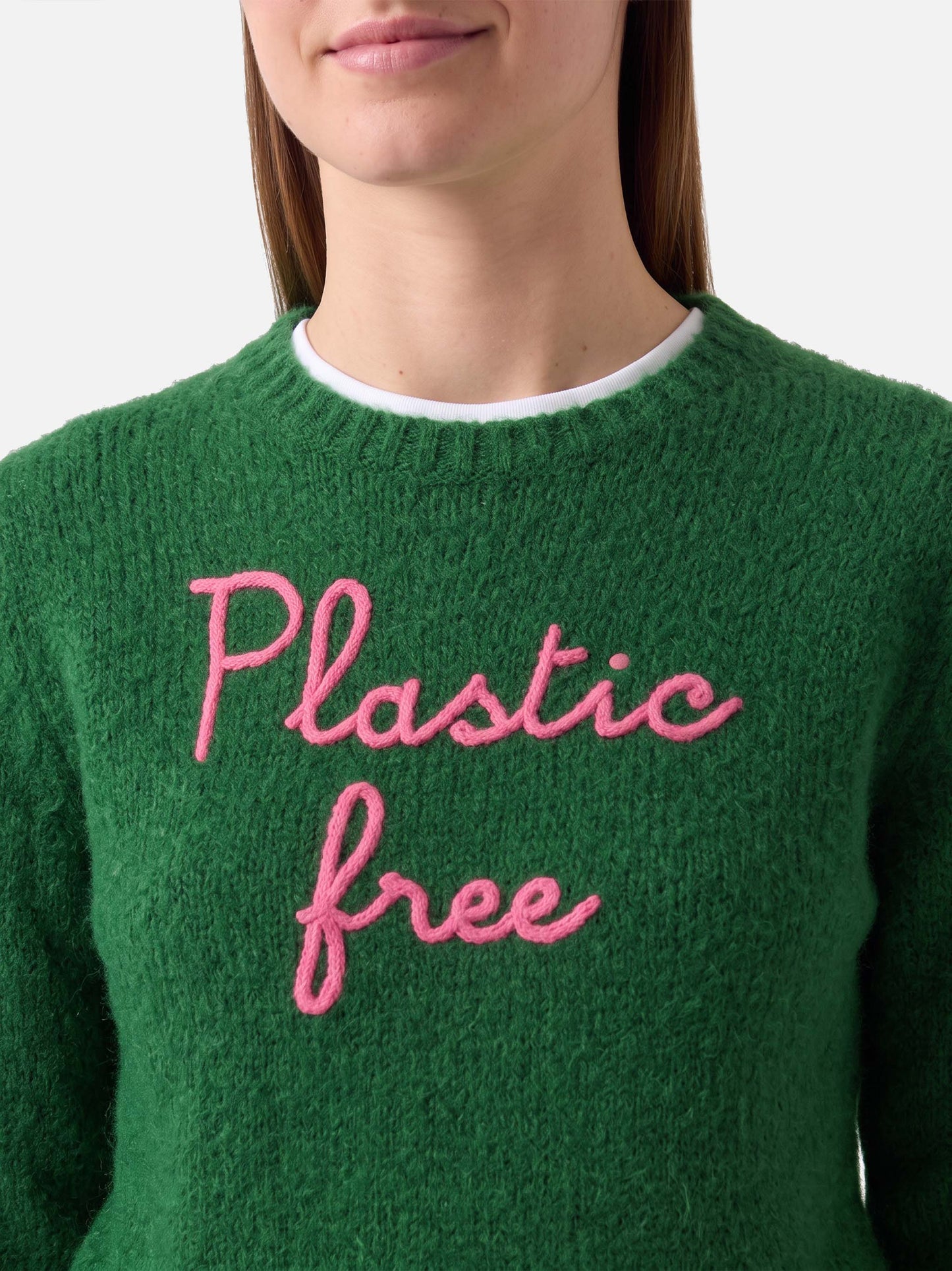 Green New Queen cropped sweater with Plastic Free embroidery