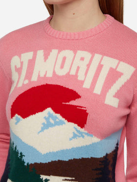 Woman pink sweater New Queen St. Moritz postcard print - MC2 Saint Barth