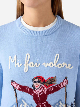 Maglia girocollo New Queen azzurra con ricamo Mi Fai Volare