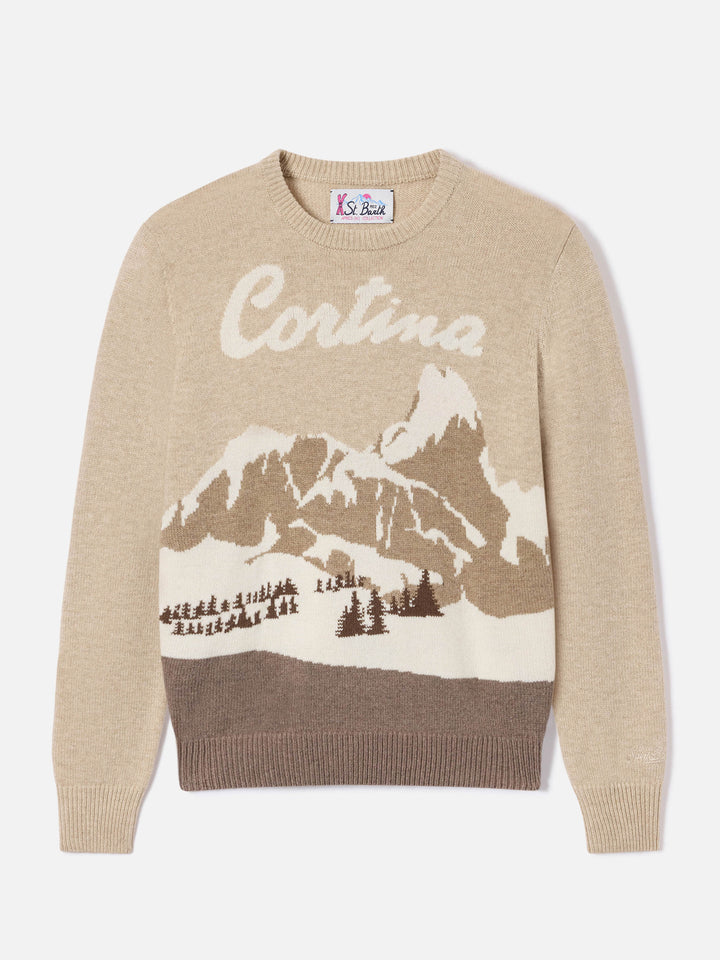 Jersey de punto de cuello redondo Beige New Queen con intarsia Cortina 
