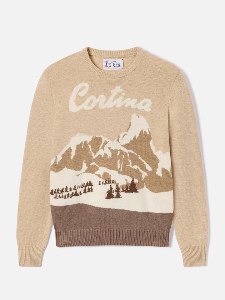 Maglia girocollo New Queen beige con intarsio Cortina