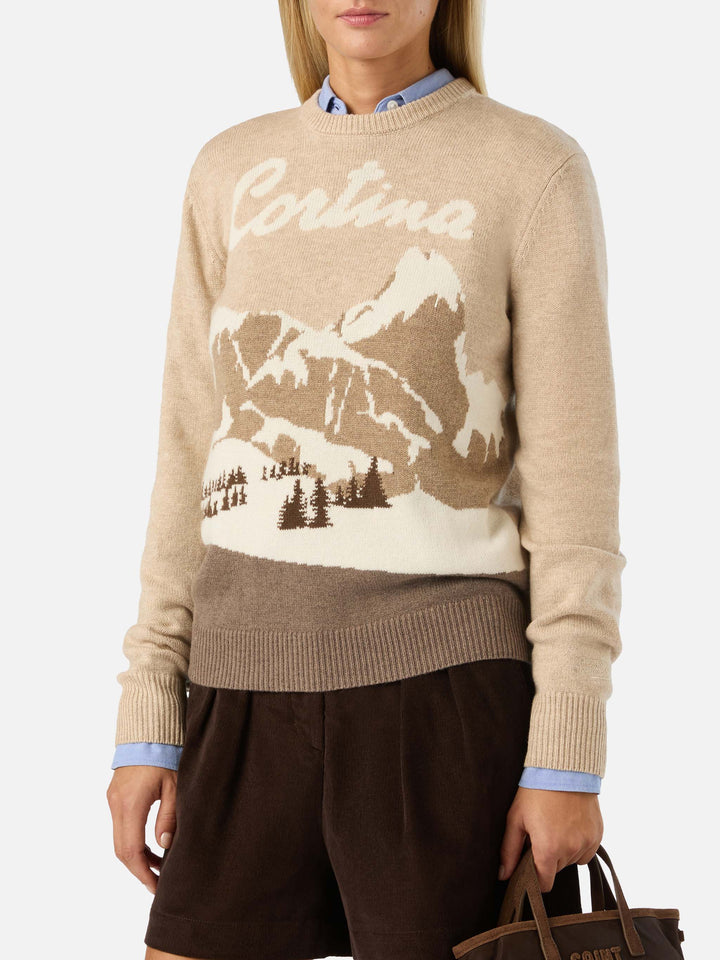 Maglia girocollo New Queen beige con intarsio Cortina