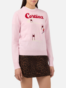 Neuer Queen-Pullover aus Kaschmirmischung in Rosa mit Cortina-Postkarten-Jacquardmuster