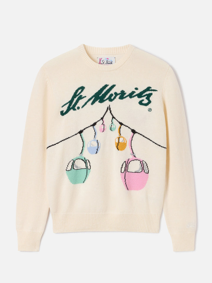 Jersey de punto con cuello redondo New Queen en blanco roto con intarsia de teleférico St. Moritz | Special edition 