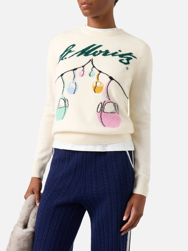 Maglia girocollo New Queen off white con intarsio cabinovie St. Moritz | Special edition