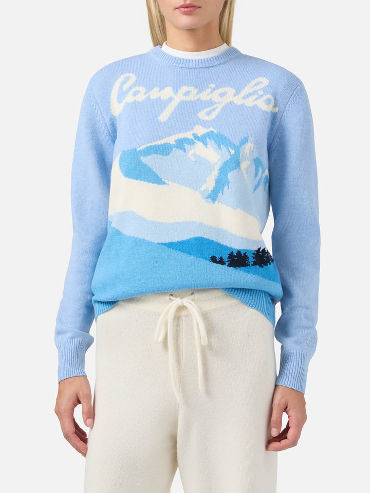 Neuer Queen-Pullover aus Kaschmirmischung in Hellblau mit Campiglio-Postkarten-Jacquard